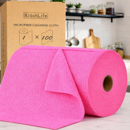KitchLife Microfiber Cleaning Cloth Roll, 100 Pack - Tear-Away Microfiber Paper Towels, Lint-Free, Reusable, Washable for Kitchen, Car, Dishes, and Sensitive Surfaces (Hot Pink) - color: Hot Pink, size: 100 Pack