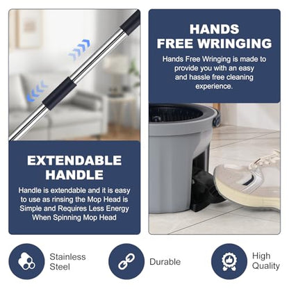 Spin Mop and Bucket System with180-Degree Rotating Head Telescopic Handle Dual Chamber Bucket Floor Cleaning Set with 3 Mop Refills Dual-Function Wringing Hand-Press and Foot-Pedal - color: White and Navy Blue