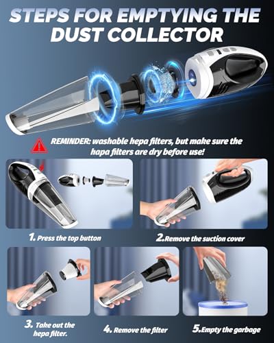 BRL Handheld Vacuum Cordless, Car Vacuum Cleaner with Powerful Suction, 2 Modes Mini Hand Vacuum, Dry & Wet, LED Light, Portable Vacuum for Car Pet Hair, Home, Office, Keyboards White Sliver