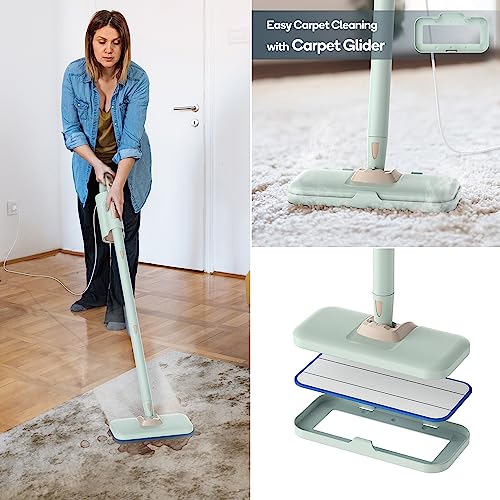 Newbealer Steam Mop & Detachable Handheld Cleaner, 1200W Floor Steamer | 3 Adjustable Levels for Carpet Laminate Hardwood Grout, Carpet Glider, 7 Multi-purpose Accessories & 2 Pads, 250ml Tank - color: Mint Green with 7 brushes