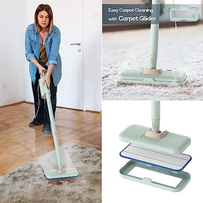 Newbealer Steam Mop & Detachable Handheld Cleaner, 1200W Floor Steamer | 3 Adjustable Levels for Carpet Laminate Hardwood Grout, Carpet Glider, 7 Multi-purpose Accessories & 2 Pads, 250ml Tank - color: Mint Green with 7 brushes