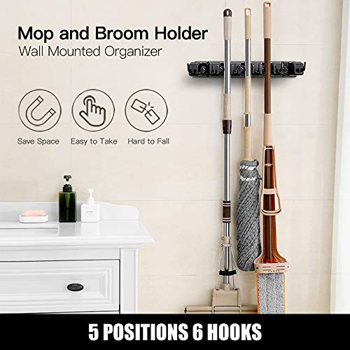 IMILLET Mop and Broom Holder, Wall Mounted Organizer-Mop and broom Storage Tool Rack with 5 Ball Slots and 6 Hooks (Black) - color: 1 Pack