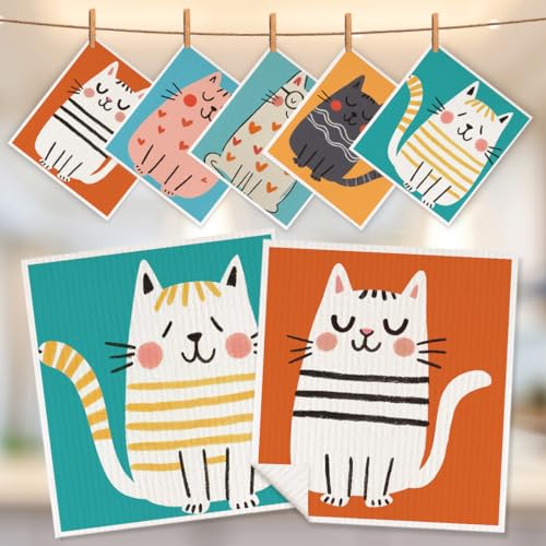 5 Pcs Cartoon Kitten Swedish Dishcloths, Cat Lover Swedish Dishcloth, Artistic Dish Cloths for Drying Dishes, Reusable Cleaning Cloths, Housewarming Gifts for Women 1 - color: Lm 04233