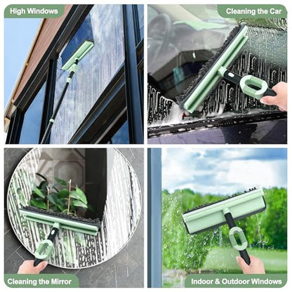 Window Squeegee with Extension Pole, 73.6 Inch Bendable Head Telescoping Long Handle Window Cleaner, 2-in-1 High Window Cleaning Tool Kit for Indoor/Outdoor Window and Car Glass