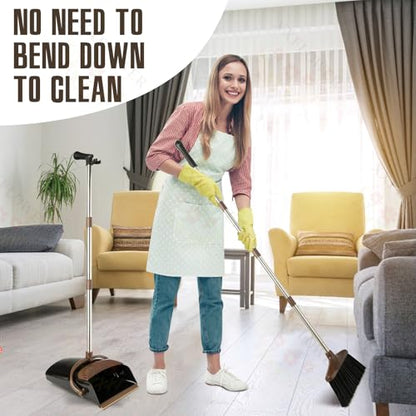 Broom and Dustpan Set with Long Handle, Light Weight Stainless Steel Poles Stand Upright Dustpans with Broom Combo for Home Kitchen Office Pet Dog Hair, 1-Pack (Black Brown) - color: Black Brown