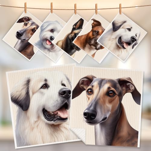 5 Pcs Cute Doggy Swedish Dishcloths, Pyrenean Mountain Dog & Greyhound Swedish Dishcloth, Staffordshire Bull Terrier Dish Cloths for Drying Dishes, Reusable Cleaning Cloths, Dog Lover Gifts for Women - color: Lm 03427