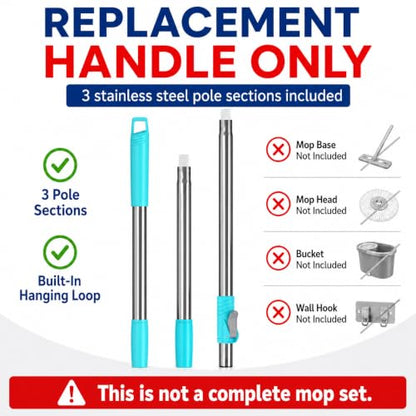 RinseWise Spin Mop Replacement Handle Only, 3-Section Stainless Steel Pole with 35/49/61 in Length Options, Fits All Tsmine FunClean Models, Not Universal, No Mop Head, Base or Bucket- Blue - color: Blue