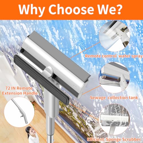 4 in 1 Window Squeegee with Water Tank,Window Cleaner Tool with Remote Control Water Spray,16'' to 72'' Adjustable Extension Pole,Wastewater Tray,Sponge Window Squeegee for Shower Glass Car Window