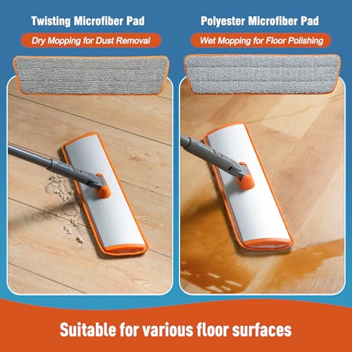 CLEANHOME Microfiber Mop Floor Dust Mop with Extendable Long Handle, Flat Mop with 4 Reusable Pads and 1 Dirt Removal Scrubber, Suitable for Home Kitchen Bathroom Living Room Cleaning | Telescopic Aluminum Flat Mop with Dust, Polish & Wet Wash Functions,&