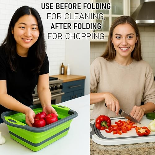 SSKT Pack of 2 Collapsible Cutting Board – Multifunctional Kitchen Sink Tub Basin with Drain, Chopping Board & Washing up Bowl – Space-Saving & Portable for Kitchen, Camping, RV, & Outdoor Use - color: Pack of 2