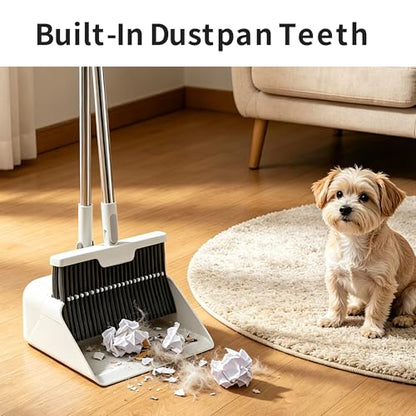 3 Pieces 52'' Broom with Dustpan Combo Set and Silicone Air Broom Kit, Long Handle Broom and Dustpan Sets with Teeth, Upright Storage Household Broom and Dustpan Sets Light Gery