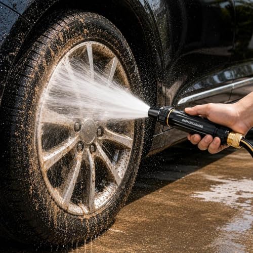 Garden Hose Nozzle Set for 1/2 Inch Hose, Adjustable Concentrated Spray Nozzle with 3 Universal Faucet Adapters, Heavy Duty Alloy Water Nozzle for Car Washing, Lawn Watering, Patio Cleaning
