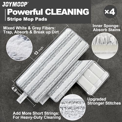 JOYMOOP Flat Mop Replacement Pads, Microfiber Cleaning Refills, Washable Stripe Pads, 13 inch, Pack of 4 for Flat Mop and Mop Bucket System - color: 4 Pcs 13" - 4 Stripe, size: 13.0 × 4.9 Inch