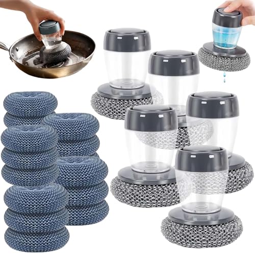 Soap Dispensing Dish Brush, Comfort Grip Kitchen Scrub Brush with Built-in Liquid Dispenser, Includes Replacement Heads, Non-Scratch Nylon/Wire Bristle, Non-Slip Handle (5 Handle, 15Brush Heads) - color: 5 Handle, 15brush Heads