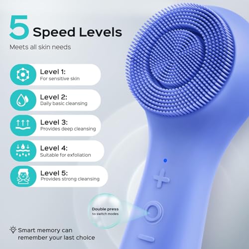 COSLUS FBS03 Face Scrubber Facial Cleansing Brush: 2 in 1 Spin and Vibration Patented, Silicone Electric Exfoliator Scrubber with Automatic Foaming, Waterproof Face Cleanser Brush for Men and Women - color: Dark Blue