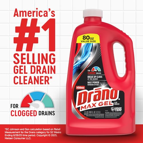 Drano Max Gel Drain Clog Remover & Cleaner, Fast-Acting to Unclog Standing Water & Remove Hair, Grease & Food Blockages, Safe for all Pipes & Septic, Kitchen Sinks, Bathroom Showers, 80 Oz, 2 Pack - size: 80 Fl Oz (Pack of 2)