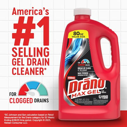 Drano Max Gel Drain Clog Remover & Cleaner, Fast-Acting to Unclog Standing Water & Remove Hair, Grease & Food Blockages, Safe for all Pipes & Septic, Kitchen Sinks, Bathroom Showers, 80 Oz, 2 Pack - size: 80 Fl Oz (Pack of 2)
