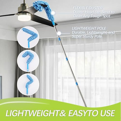 High Reach Duster Kit with14 ft Extension Pole High Ceiling Dusting and Window Cleaning Kit with Spliceable Pole - Cobweb Duster, Fan Blade, Window Washer & Squeegee and Feather Dusters - size: 16-150inch-15pcs