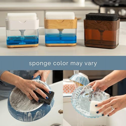 S&T INC. Dish Soap Dispenser and Sponge Holder for Kitchen Sink, Waterproof Labels and Sponge Included, 13 Ounces, Plastic, Bamboo - color: Bamboo