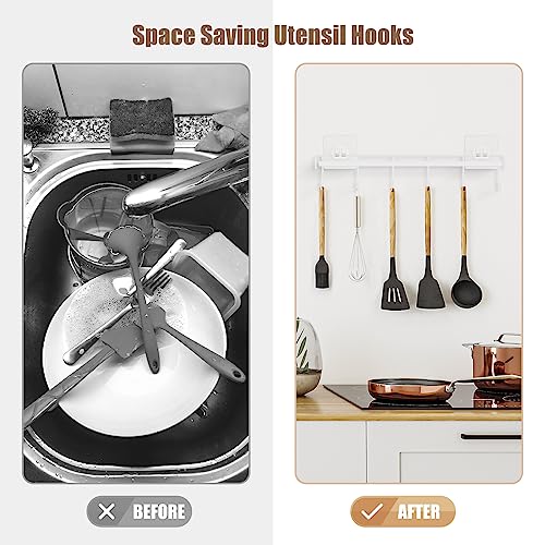Kitchen Utensil Hanger, Adhesive Utensil Holder Wall Mount Kitchen Rack Rail with 12 Hooks, Space Saving and No Drilling, White, 2 Pcs - color: White