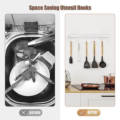 Kitchen Utensil Hanger, Adhesive Utensil Holder Wall Mount Kitchen Rack Rail with 12 Hooks, Space Saving and No Drilling, White, 2 Pcs - color: White