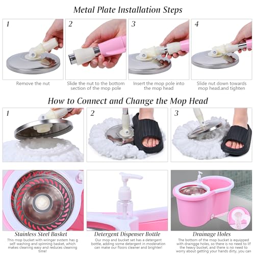 Cute Pink Mop and Bucket Set with 3 Extra Refills (Pink)