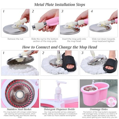 Cute Pink Mop and Bucket Set with 3 Extra Refills (Pink)