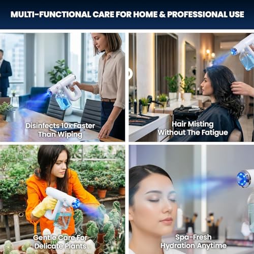 Professional Disinfectant Nano Spray Gun, Ultra Fine Atomizer Sprayer,White | Continuous Spray Bottle with Blue Light, Easy to Use Lightweight and Rechargeable Sanitizer Gun, Multipurpose Fogger Machine - color: White
