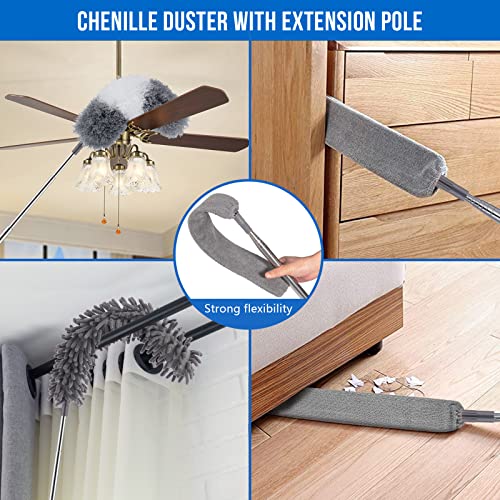 UIMO Microfiber Feather Duster Kit with Extension Pole (30–100") – Bendable Washable Heads, Extendable Dusters for Cleaning Ceiling Fan, High Ceiling, Blinds, Furniture & Cars (5 Pcs) - color: Gray