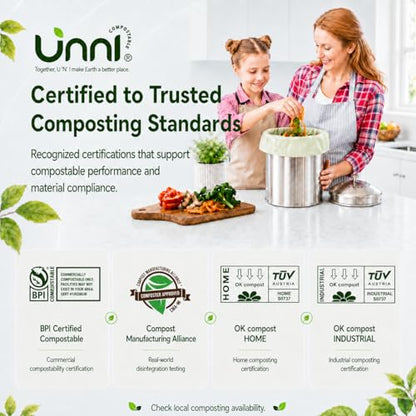 UNNI 1.6 Gallon Compostable Trash Bags with Tie Handles, 100 Count Small Food Scrap Kitchen Compost Bags for Countertop Bin, Certified by BPI, CMA & OK compost HOME, Meets ASTM D6400 - size: 100 Count (Pack of 1), style: 1.6 Gallon