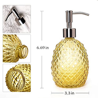 Glass Soap Dispenser with Stainless Steel Pump, 12oz Clear Dish Soap/Hand Soap/Laundry Soap/Lotion Dispenser, Refillable Liquid Dispenser for Bathroom Kitchen Shower (Yellow) - color: Yellow