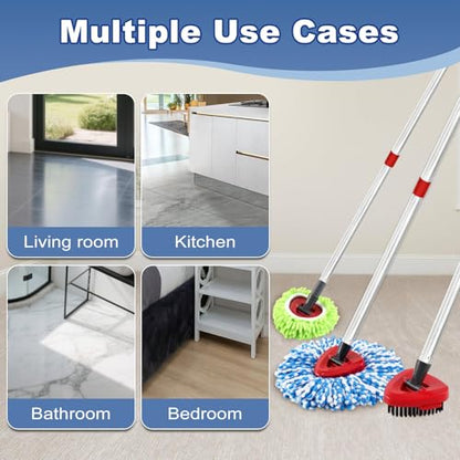 Mop Heads for O Cedar RinseClean 2 Tank Spin Mop System, 3 Microfiber Mop Head Refills and 3 Chenille Mop Pads,1 Scrub Brush, and 1 Mop Base with Mop Handle Set Combo - color: 3blue+3green