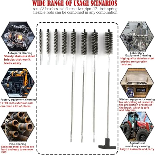 50 in Pipe Cleaning Brush Set with Stainless Steel Bristles, Wire Brush with 4pcs Stainless Steel Spring Flexible Rods, Stainless Steel Pipe Brush 8pcs for Auto Parts, Bottles, Tubes.