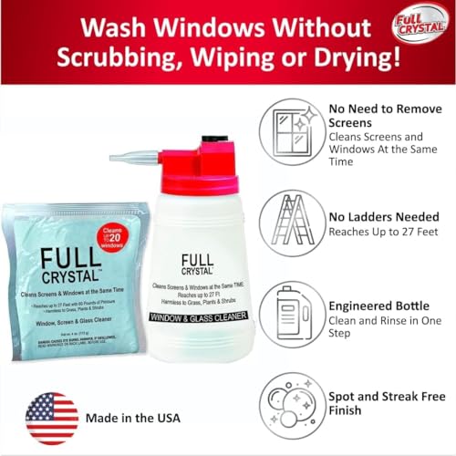 Full Crystal Window Cleaning Kit – 8 oz Glass Cleaner and Bottle with 27 ft Reach, Each 4 oz Bag Makes Up to 640 fl oz, Cleans Up to 40 Windows, Scrub-Free, Rinse-Free - style: 4 Ounce (Pack of 2)