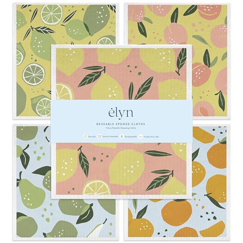 ELYN Swedish Dishcloths, Reusable & Washable Sponge Cloths, Absorbent Cleaning Paper Towels for Kitchen, Dishes, Counters and More, 5 Pack, Assorted Fruit Pattern - color: Fruit
