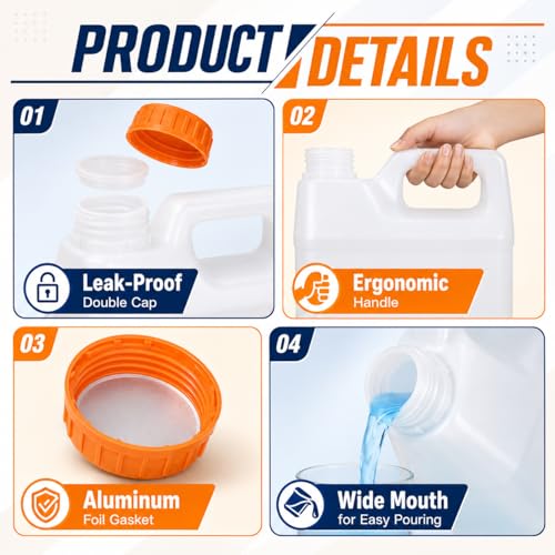 METAPACK 2 Pack 1.25 Gallon Water Jug with Wide Mouth Lid, HDPE Square Plastic Jug for Milk, Beverage, Oil Storage, Food Grade Carboy, 4 Labels Included(Translucent) - size: 1.25Gallon