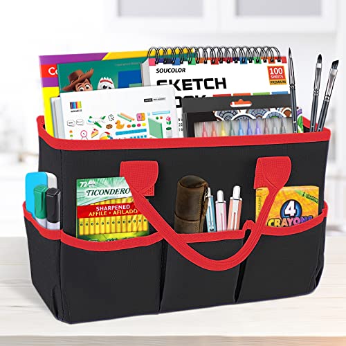 Desktop Tote and Organizer, Teacher Helper caddy Bag for Arts, Books, Stationery, Office Desk Organization, Make-up Storage with Handles for Travel (Black) - color: BlacK-Red