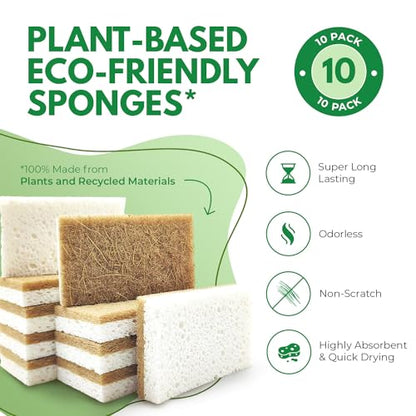 10 Pack Biodegradable Natural Kitchen Sponge - Compostable Cellulose and Coconut Walnut Scrubber Sponge - Eco Friendly Sponges for Dishes - size: 10 Pack