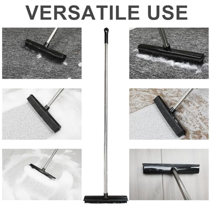 Rubber Broom and Dustpan Set,Pet Hair Removal Rubber Broom with Squeegee and Stainless Steel Dust Pan,Carpet Rake Push Broom and Dustpan for Fluff Hardwood Floor Tile (Black) - color: Black
