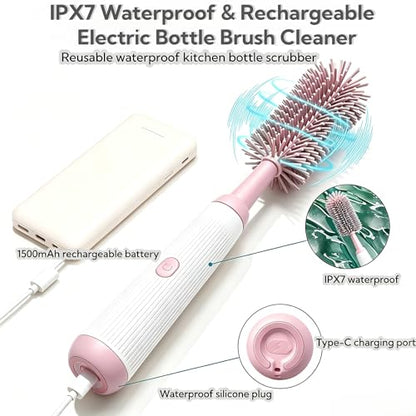 Electric Bottle Brush Set, 6-in-1 Electric Cleaning Brush with Waterproof Silicone Cleaner, 3 Replaceable Brush Heads, Straw Brush & Extension Rod, for Baby Feeding Accessories and Kitchen Utensils - color: Light Pink