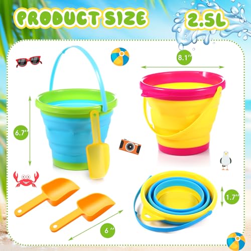 Realspring 3 Pcs Summer Foldable Pail Bucket with Shovels 2.5 L Collapsible Sand Bucket Foldable Beach Toys for Beach Party Outdoor Activity (Classic Color)