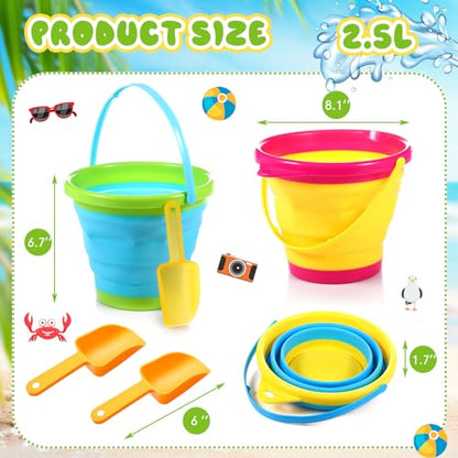 Realspring 3 Pcs Summer Foldable Pail Bucket with Shovels 2.5 L Collapsible Sand Bucket Foldable Beach Toys for Beach Party Outdoor Activity (Classic Color)