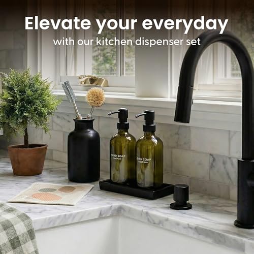 Maisonovo Kitchen Soap Dispenser Set - Hand and Dish Soap Dispenser Set with Green Glass Soap Dispenser, Black Pumps & Ceramic Tray - color: Green Bottles/ Black Pumps/ Black Ceramic Tray