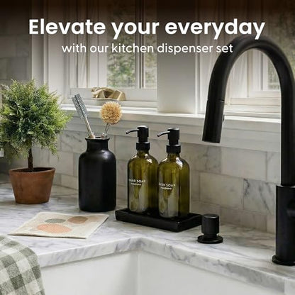 Maisonovo Kitchen Soap Dispenser Set - Hand and Dish Soap Dispenser Set with Green Glass Soap Dispenser, Black Pumps & Ceramic Tray - color: Green Bottles/ Black Pumps/ Black Ceramic Tray