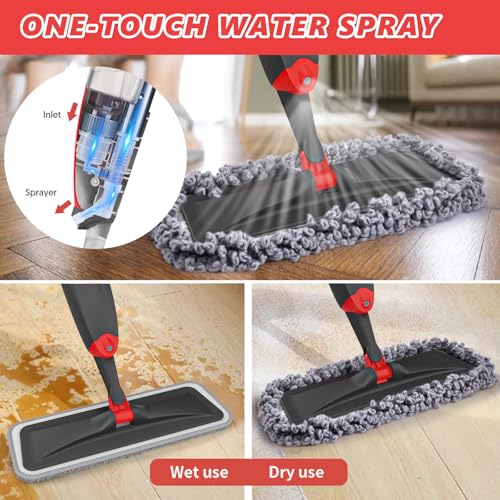 HOMTOYOU Microfiber Hardwood Floor Mop: Spray Mop for Cleaning Wood Floors | Wet Mopping & Dry Sweeping, 3 Reusable Refill Pads, 1Pcs 400+ML Refillable Bottle, 360° Swivel Head, Black - color: Black Red