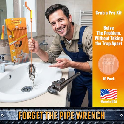FlexiSnake Pro Drain Weasel Sink Snake Hair Clog Remover Tool, Sink, Pipe, Bathroom, Bathtub Drain Cleaner, 18-inch Long, Flexible, Made in The USA, 10 Pack Reusable Wands and Removable Handle - style: 10 pk