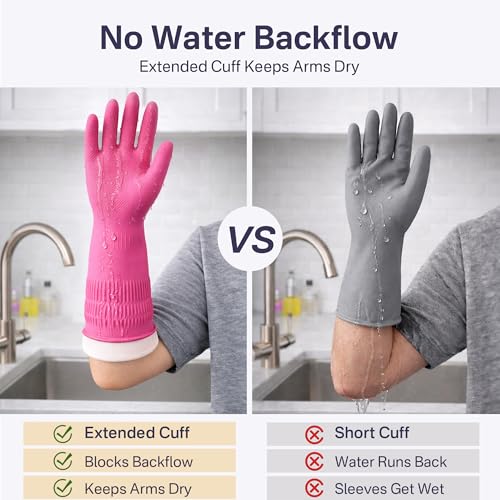 Rubber Dishwashing Gloves, 3 Pairs, Reusable Cleaning Dish Gloves for Kitchen, Non-Slip, Waterproof Dish Washing, Long Cuff for Woman (Red+Pink+Green, Large)