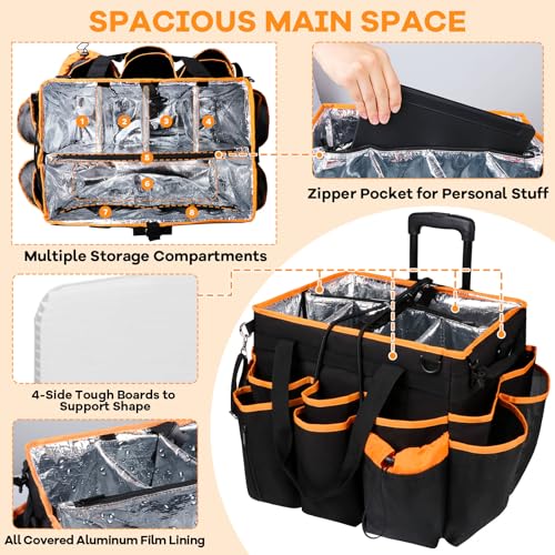COVKEV Rolling Cleaning Caddy with Wheels& Built-in Board, Extra Large Cleaning Caddy Bag with Detachable Trolley, Water Resistant Lining Cleaning Supplies Organizer on Wheels for Housekeepers (Black)