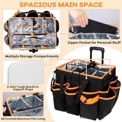 COVKEV Rolling Cleaning Caddy with Wheels& Built-in Board, Extra Large Cleaning Caddy Bag with Detachable Trolley, Water Resistant Lining Cleaning Supplies Organizer on Wheels for Housekeepers (Black)