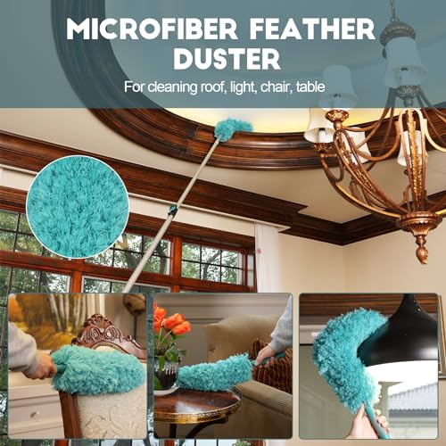 TelesPro 30 Foot High Reach Duster Kit with 6-24FT Extension Pole High Ceiling Dusting and Window Cleaning Kit with Telescopic Pole Window Washer&Squeegee,Cobweb Duster,Fan Duster and Feather Duster - size: 24 FT